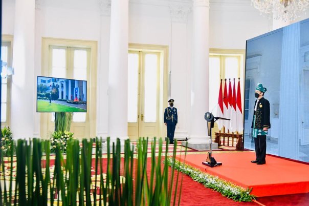 Presiden Jokowi memimpin upacara Peringatan Hari Lahir Pancasila Tahun 2021, Selasa (1/6/2021) pagi, dari Istana Kepresidenan Bogor, Jabar. (Foto: BPMI Setpres)