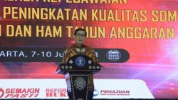 Menkumham Yasonna H. Laoly saat menyampaikan sambutan pembukaan Raker Kepegawaian Tahun 2023 di Jakarta, Rabu (7/6/2023) Foto:Dok.Kemenkumham