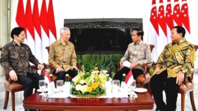 Pertemuan Presiden Jokowi dengan PM Singapura, Lee Hsien Loong bersama calon pemimpin kedua negara, Prabowo Subianto dan Lawrence Wong di Istana Kepresidenan Bogor, Jawa Barat, Senin (29/4/2024).(Foto: Biro Pers Sekretariat Presiden)