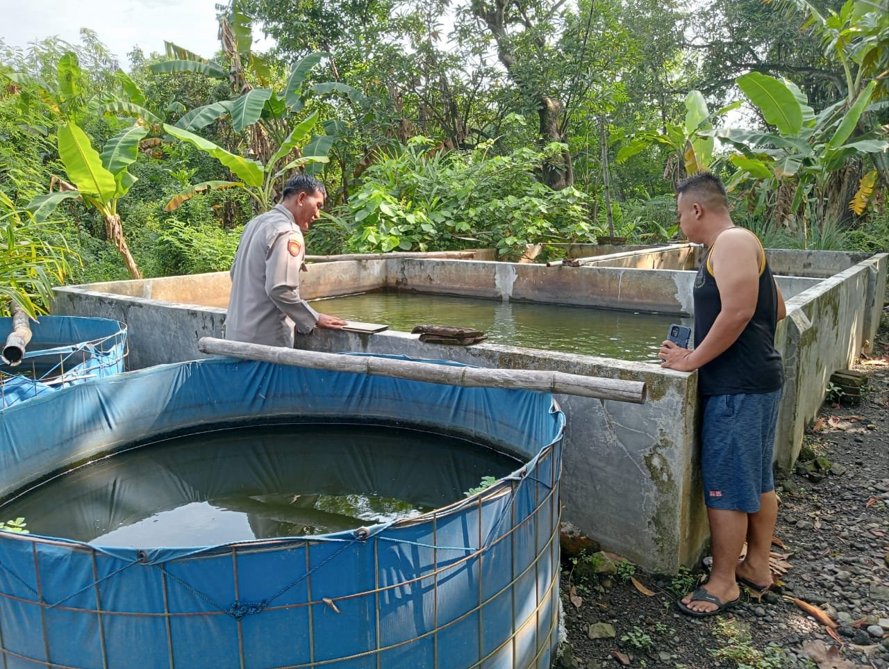 Bhabinkamtibmas Desa Tulangan Aiptu Eko Priyatno melakukan pengecekan lahan peternakan ikan lele yang dikelola warga