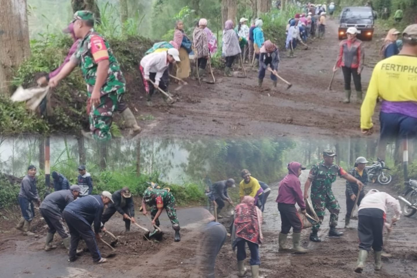 Babinsa Koramil 0819/26 Tosari bersama masyarakat Desa Wonokitri melaksanakan kegiatan Karya Bakti pembersihan jalan dari sampah