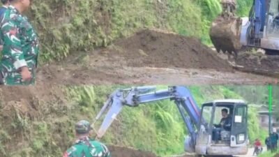 Babinsa Koramil 0819/26 Tosari Kawal Normalisasi Jalan Wonokitri-Wonomerto dengan Alat Berat