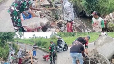 Babinsa Desa Pager dan Warga Perbaiki Jalan Ambrol