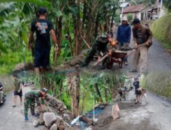Cegah Longsor, Babinsa Koramil Gempol dan Warga Bangun TPT di Jalan Poros Desa