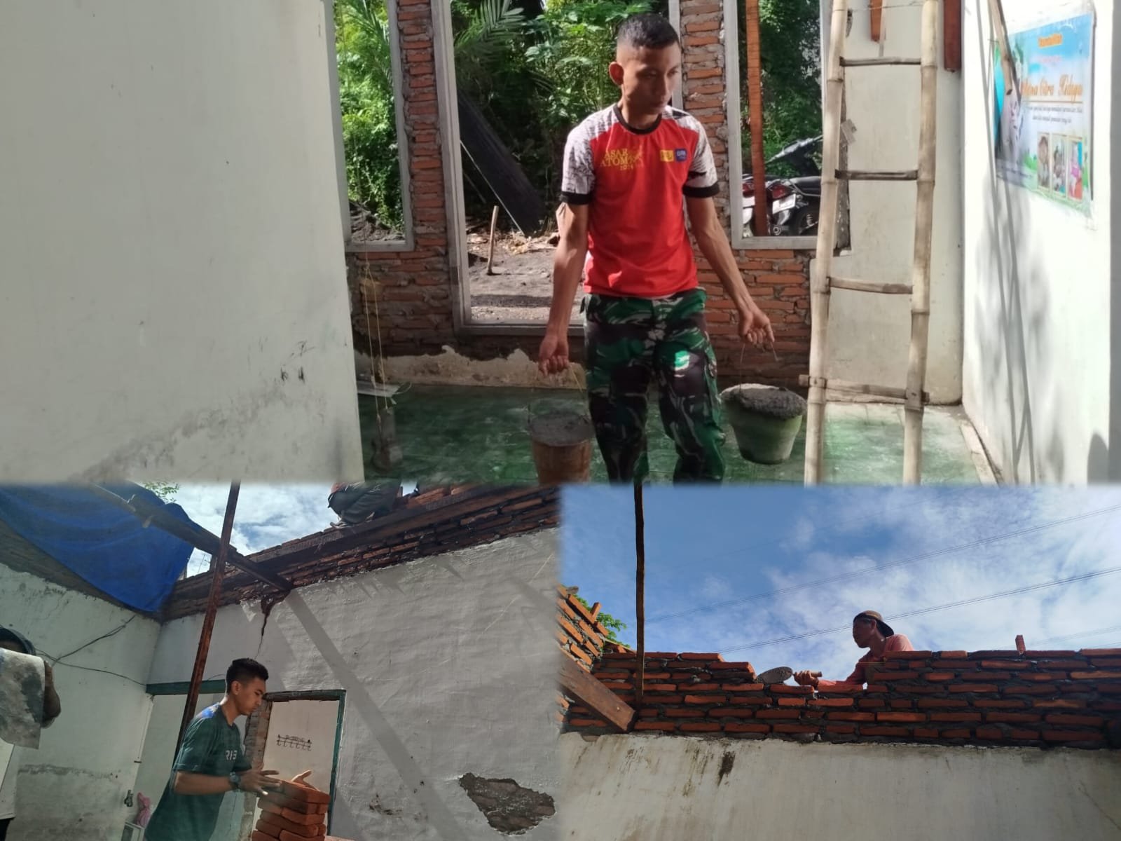 pemasangan bata sebagai bagian dari proses perbaikan dinding rumah