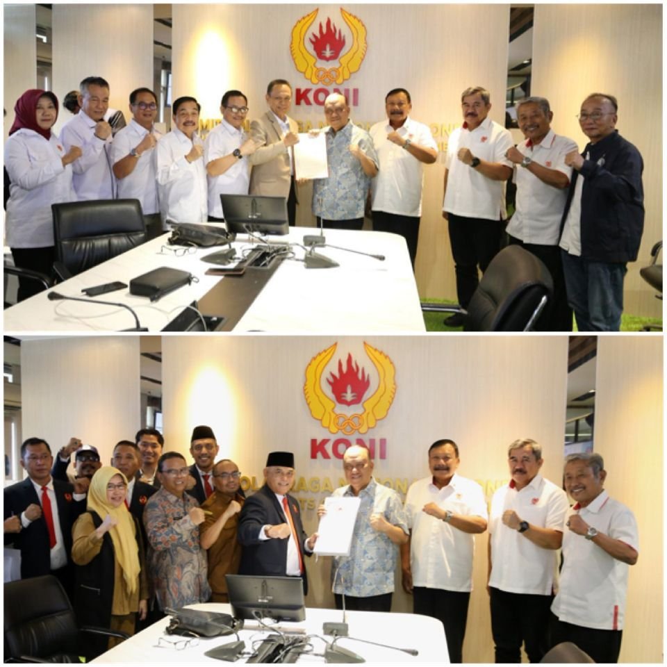 Provinsi Banten dan Lampung resmi menyerahkan dokumen persyaratan sebagai bakal calon tuan rumah Pekan Olahraga Nasional (PON) XXIII tahun 2032 kepada Komite Olahraga Nasional Indonesia (KONI) Pusat. (Foto: Dok.Koni).