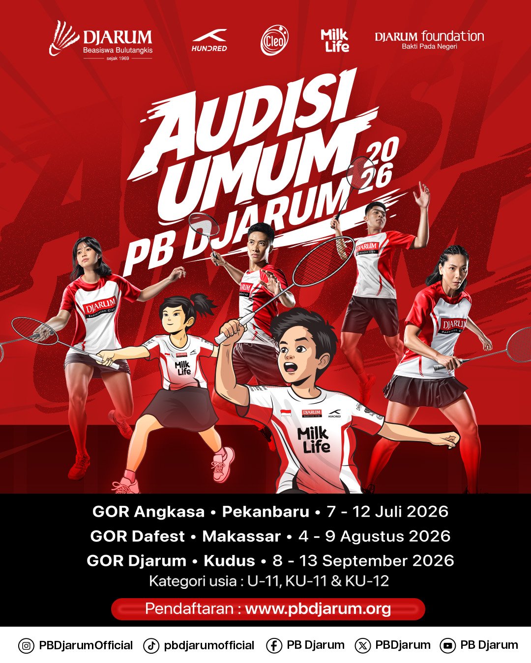 Audisi Umum PB Djarum 2026 akan diselenggarakan di tiga kota, yakni Pekanbaru pada 7–12 Juli, Makassar pada 4–9 Agustus, serta Kudus pada 8–13 September. (Foto: ist).