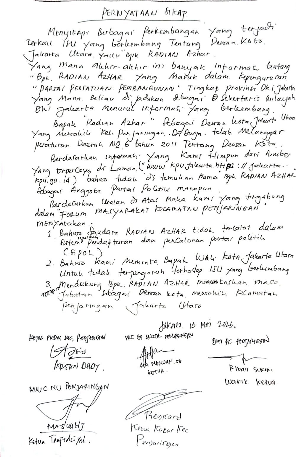 Forum Lintas Ormas Penjaringan Beri Dukungan Penuh kepada Radian Azhar