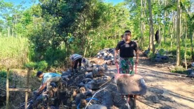 Deretan batu yang tersusun rapi di sisi jalan Dusun Klagin RT 19 RW 07 Desa Brabe, Kecamatan Maron, menjadi tanda bahwa pembangunan Tanggul Penahan Tanah (TPT) dalam program TMMD Ke-128 Kodim 0820/Probolinggo hampir selesai. (Foto: ist)