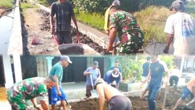 Perkuat Ketahanan Pangan, Babinsa Gunungsari Bersama Masyarakat Benahi Jalan dan Tanggul Persawahan