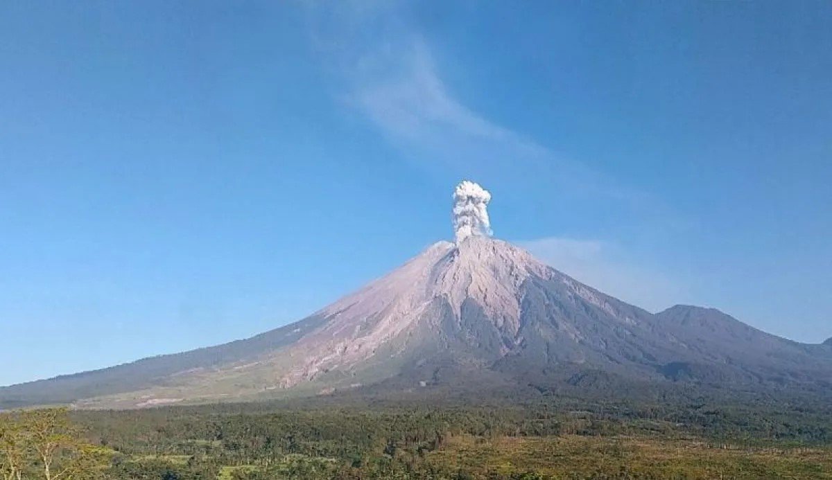 Gunung Semeru di Jawa Timur saat erupsi dengan tinggi letusan mencapai 1.000 meter di atas puncak, pada Senin (14/9/2026). FOTO: HO-PVMBG
